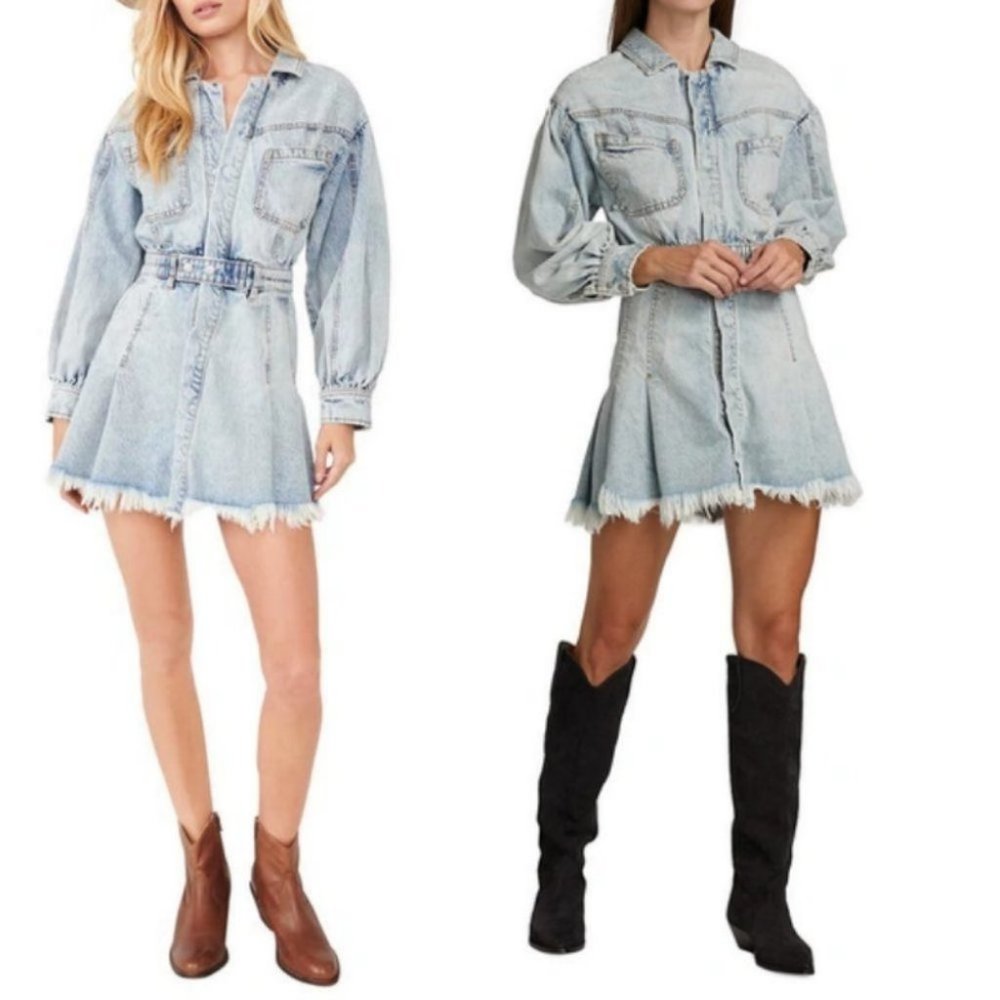 Free People Denim Dress Fringe Size Large Chain of Command Blue Jean Button Down - Picture 15 of 16